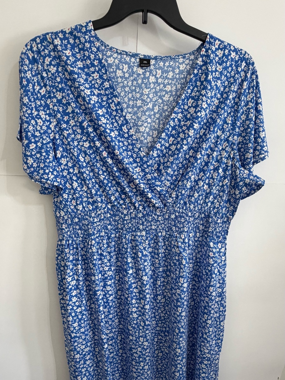 Blue Floral V-Neck Shirred-Waist Tunic Maxi Dress